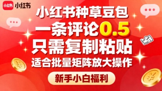 小红书种草豆包，一条评论0.5，只需复制粘贴，适合批量矩阵放大操作，新手小白福利-桀创项目掘金社