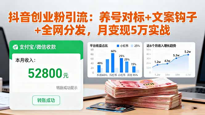 抖音创业粉引流：养号对标+文案钩子+全网分发，月变现5万实战-桀创项目掘金社