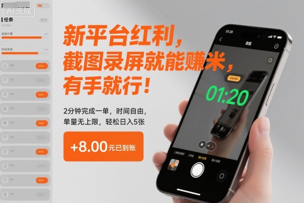 新平台红利，截图录屏就能賺米，有手就行！2分钟完成一单，时间自由，单量无上限，轻松日入5张【揭秘】-桀创项目掘金社