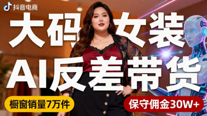 抖音小众赛道，大码女装AI反差带货，不用直播，每天6条作品，橱窗卖7万件，保守佣金30W+-桀创项目掘金社