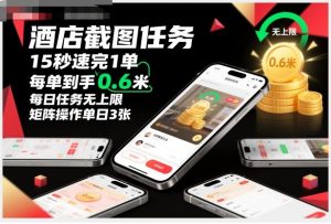 酒店截图任务,15秒速完1单,每单到手0.6米,每日任务无上限,全网首发玩法,矩阵操作单日3张【揭秘】-桀创项目掘金社