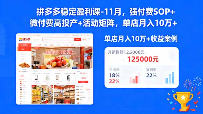 拼多多稳定盈利课-11月，强付费SOP+微付费高投产+活动矩阵，单店月入10万+-桀创项目掘金社