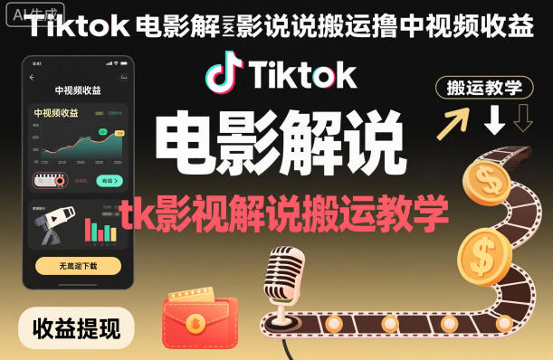 Tiktok电影解说搬运撸中视频收益，tk影视解说搬运教学-桀创项目掘金社