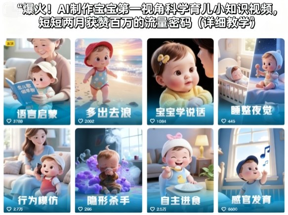 爆火!AI制作宝宝第一视角科学育儿小知识视频,短短两月获赞百万的流量密码(详细教学)-桀创项目掘金社