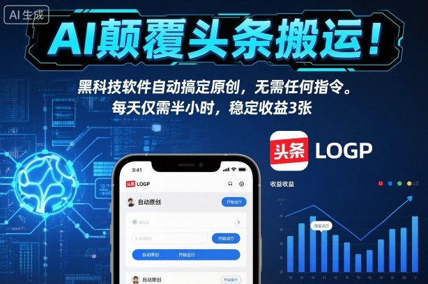 AI颠覆头条搬运!黑科技软件自动搞定原创,无需任何指令。每天仅需半小时,稳定收益3张【揭秘】-桀创项目掘金社