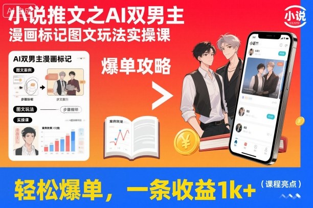 小说推文之AI双男主漫画标记图文玩法实操课，轻松爆单，一条收益1k+-桀创项目掘金社