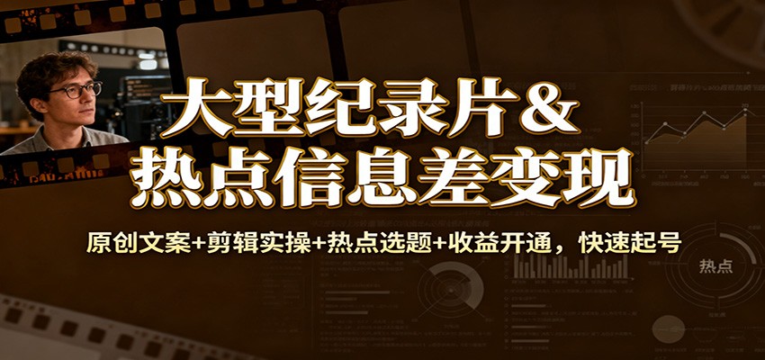 大型纪录片&热点信息差变现：原创文案+剪辑实操+热点选题+收益开通，快速起号-桀创项目掘金社