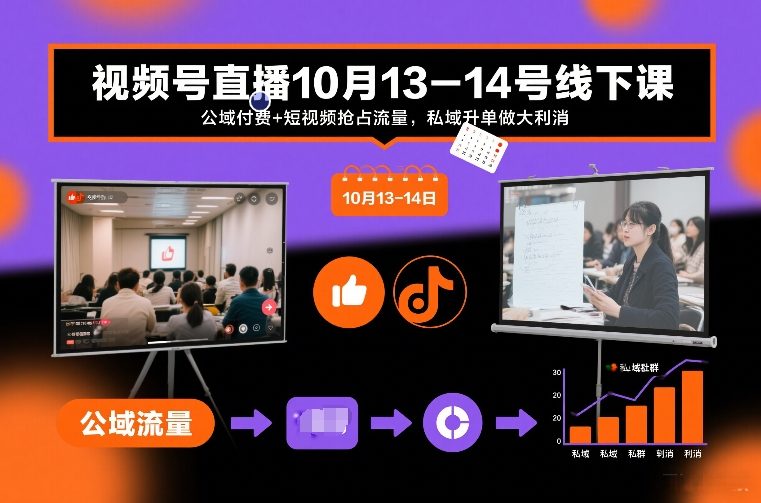 视频号直播10月13-14号线下课，公域付费+短视频抢占流量，私域升单做大利消-桀创项目掘金社