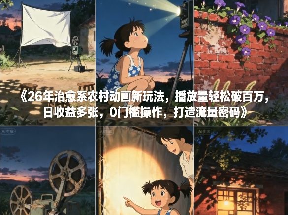 26年治愈系农村动画新玩法，播放量轻松破百万，日收益多张，0门槛操作，打造流量密码-桀创项目掘金社