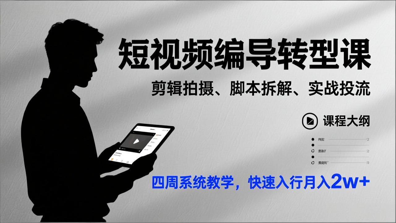 短视频编导转型课，剪辑拍摄、脚本拆解、实战投流，四周系统教学，快速入行月入2w+-桀创项目掘金社