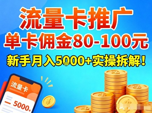 流量卡推广,单卡佣金80-100,新手月入5k+实操拆解!-桀创项目掘金社