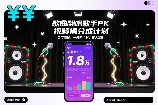 歌曲翻唱歌手PK视频撸分成计划，自带流量，一天两小时，日入2张-桀创项目掘金社