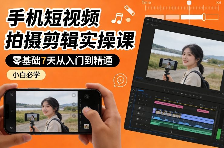 手机短视频拍摄剪辑实操课，零基础7天从入门到精通，小白必学-桀创项目掘金社