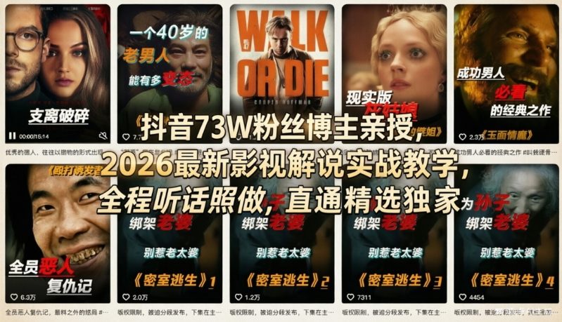 抖音73W粉丝博主亲授，2026最新影视解说实战教学，全程听话照做，直通精选独家-桀创项目掘金社