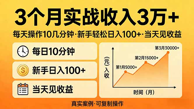3个月实战收入3万+,每天操作10几分钟,新手轻松日入100+,当天见收益-桀创项目掘金社