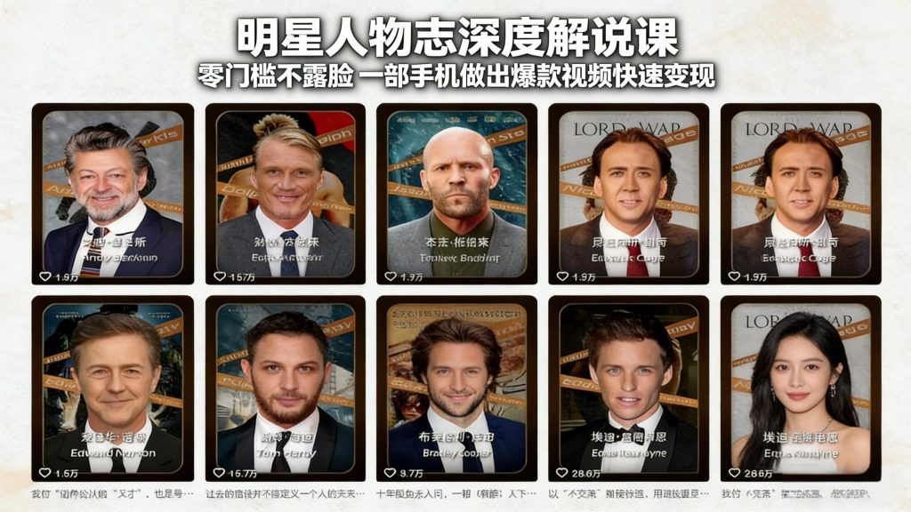 明星人物志深度解说课：零门槛不露脸，一部手机做出爆款视频快速变现-桀创项目掘金社