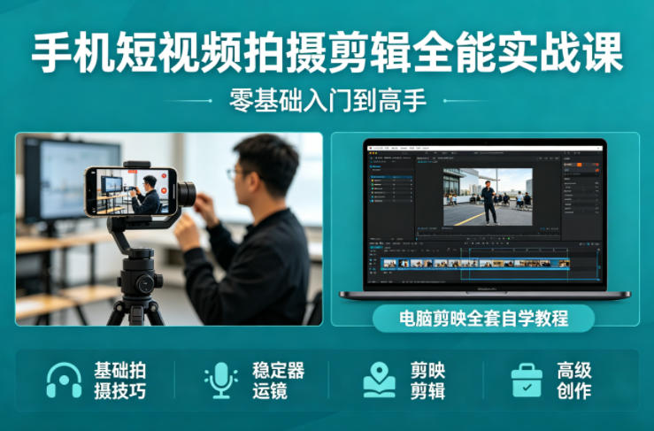 手机短视频拍摄剪辑全能实战课：零基础入门到高手，稳定器运镜+电脑剪映全套自学教程-桀创项目掘金社