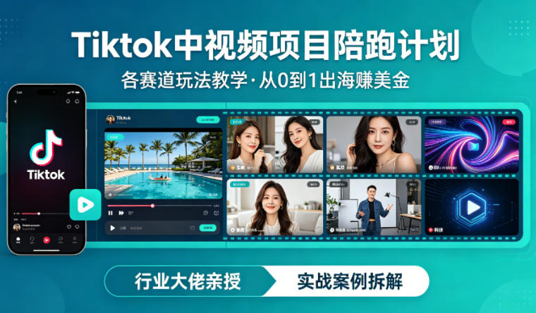 某大佬的Tiktok中视频项目陪跑，涵盖TK各个赛道玩法教学，从0到1出海賺美金-桀创项目掘金社