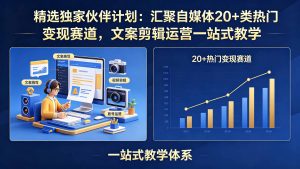 精选独家伙伴计划：汇聚自媒体20+类热门变现赛道，文案剪辑运营一站式教学-桀创项目掘金社