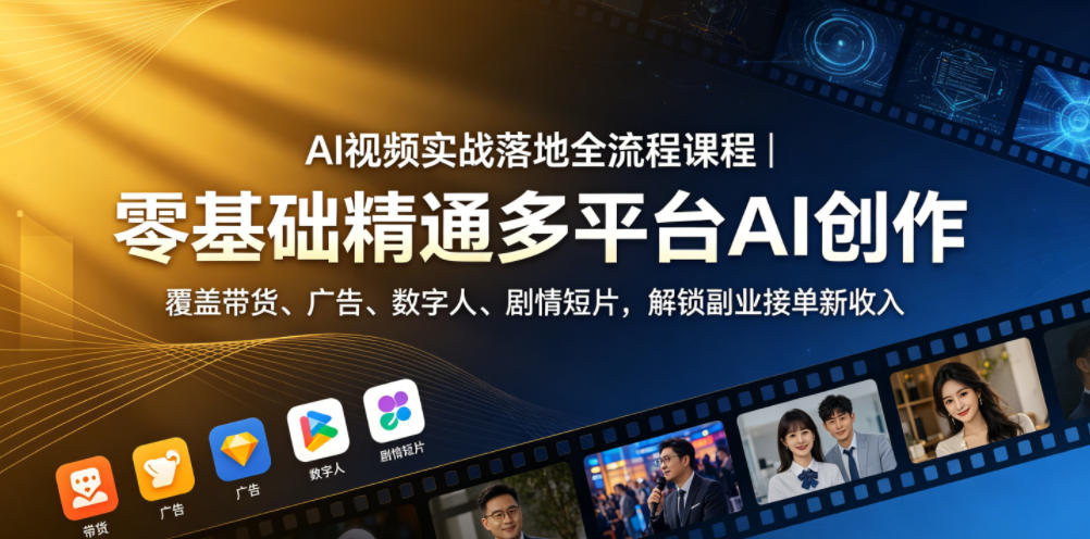 AI视频实战落地全流程课程|零基础精通多平台AI创作,覆盖带货、广告、数字人、剧情短片,解锁副业接单新收入-桀创项目掘金社