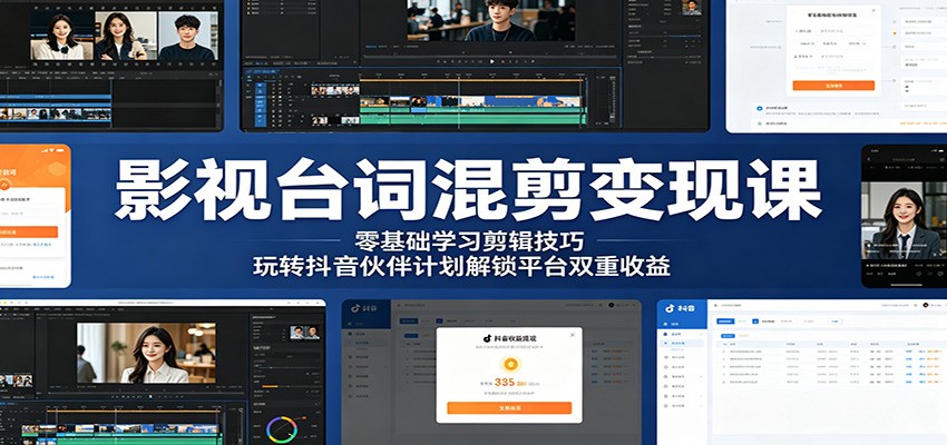 影视台词混剪变现课:零基础学习剪辑技巧,玩转抖音伙伴计划解锁平台双重收益-桀创项目掘金社
