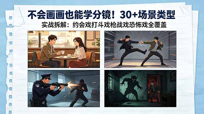 不会画画也能学分镜!30+场景类型实战拆解:约会戏打斗戏枪战戏恐怖戏全覆盖-桀创项目掘金社