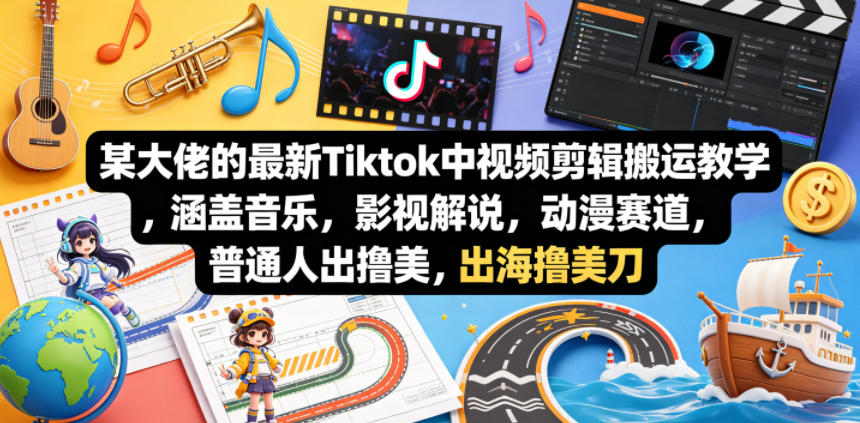某大佬的最新Tiktok中视频剪辑搬运教学，涵盖音乐，影视解说，动漫赛道，普通人出海撸美刀-桀创项目掘金社