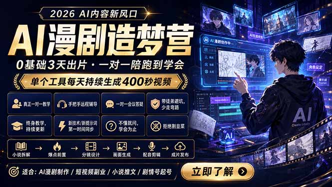 AI漫剧造梦营:0基础3天出片,单个工具每天持续生成400秒视频-桀创项目掘金社