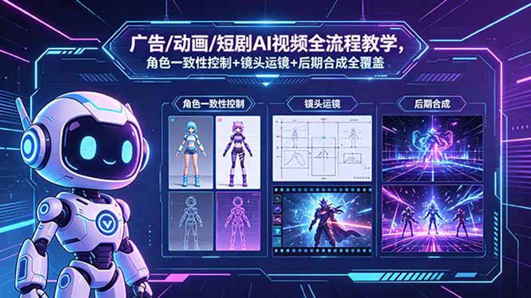 广告/动画/短剧AI视频全流程教学，角色一致性控制+镜头运镜+后期合成全覆盖-桀创项目掘金社