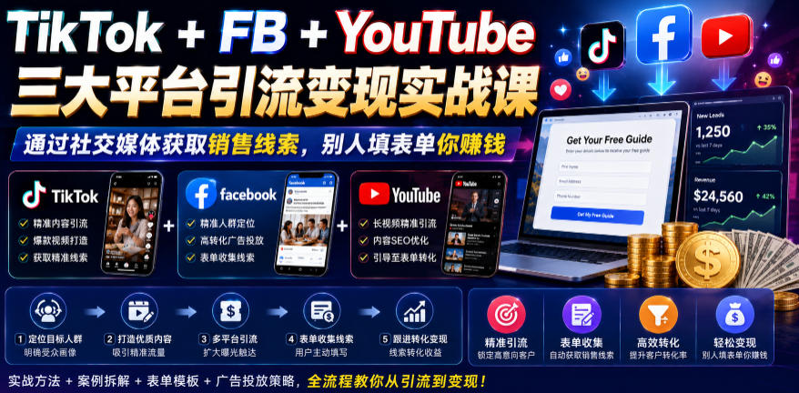 TikTok+FB+YouTube三大平台引流变现实战课,通过社交媒体获取销售线索,别人填表单你賺钱【原创双语字幕】-桀创项目掘金社