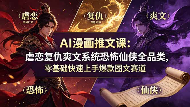 AI漫画推文课：虐恋复仇爽文系统恐怖仙侠全品类，零基础快速上手爆款图文赛道-桀创项目掘金社