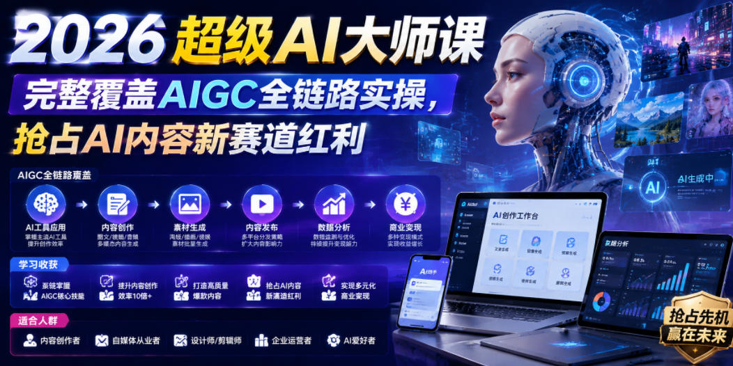 2026超级AI大师课,完整覆盖AIGC全链路实操,抢占AI内容新赛道红利-桀创项目掘金社