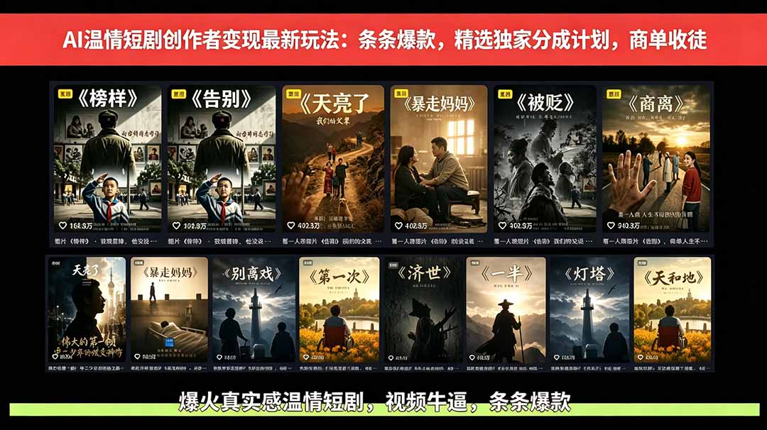 AI温情短剧创作者变现最新玩法：视频牛逼，条条爆款，精选独家分成计划，商单收徒-桀创项目掘金社