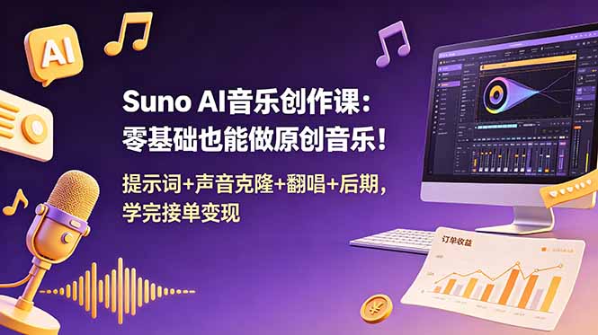 Suno AI音乐创作课:零基础也能做原创音乐!提示词+声音克隆+翻唱+后期,学完接单变现-桀创项目掘金社