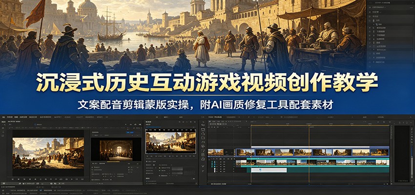 沉浸式历史互动游戏视频创作教学：文案配音剪辑蒙版实操，附AI画质修复工具配套素材-桀创项目掘金社