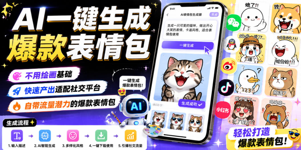 AI一键生成爆款表情包,不用绘画基础,快速产出适配社交平台,自带流量潜力的爆款表情包-桀创项目掘金社