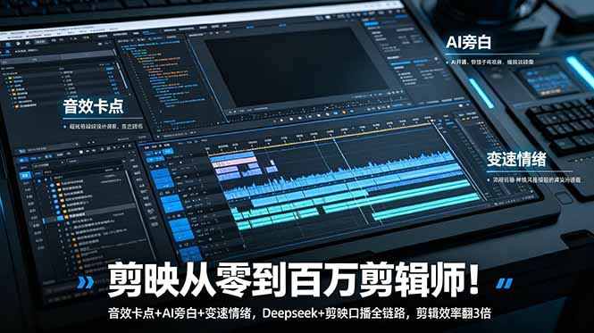 剪映从零到百万剪辑师!音效卡点+AI旁白+变速情绪,Deepseek+剪映口播全链路,剪辑效率翻3倍-桀创项目掘金社