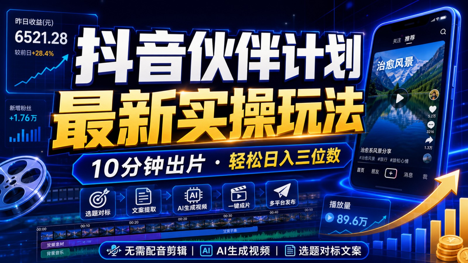 抖音伙伴计划最新暴利玩法,不用找素材和剪辑,10分钟出一条原创视频,轻松日入三位数-桀创项目掘金社