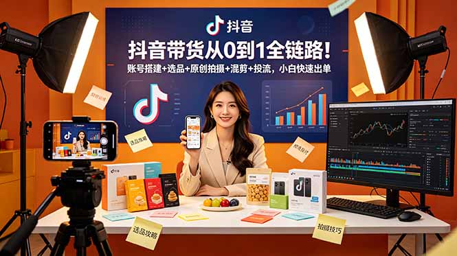 抖音带货从0到1全链路!账号搭建+选品+原创拍摄+混剪+投流,小白快速出单-桀创项目掘金社