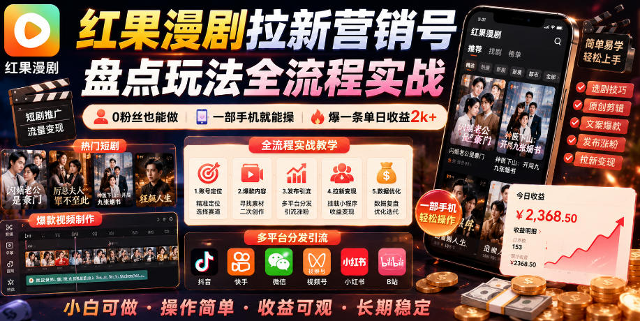 红果漫剧拉新营销号盘点玩法全流程实战,0粉丝也能做,一部手机就能做,爆一条单日收益2k+-桀创项目掘金社