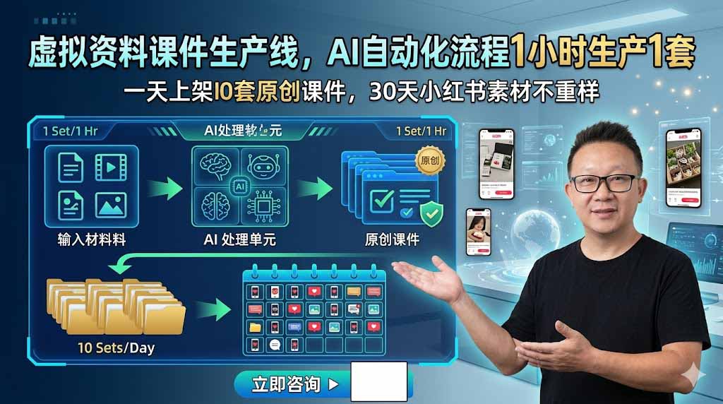 虚拟资料课件生产线，AI自动化流程1小时生产1套，一天上架10套原创课件，30天小红书素材不重样-桀创项目掘金社