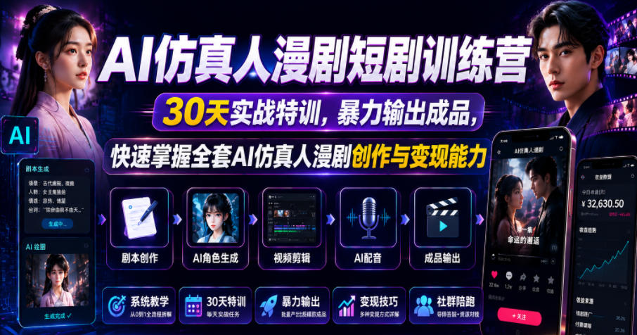AI仿真人漫剧短剧训练营，30天实战特训，暴力输出成品，快速掌握全套AI仿真人漫剧创作与变现能力-桀创项目掘金社