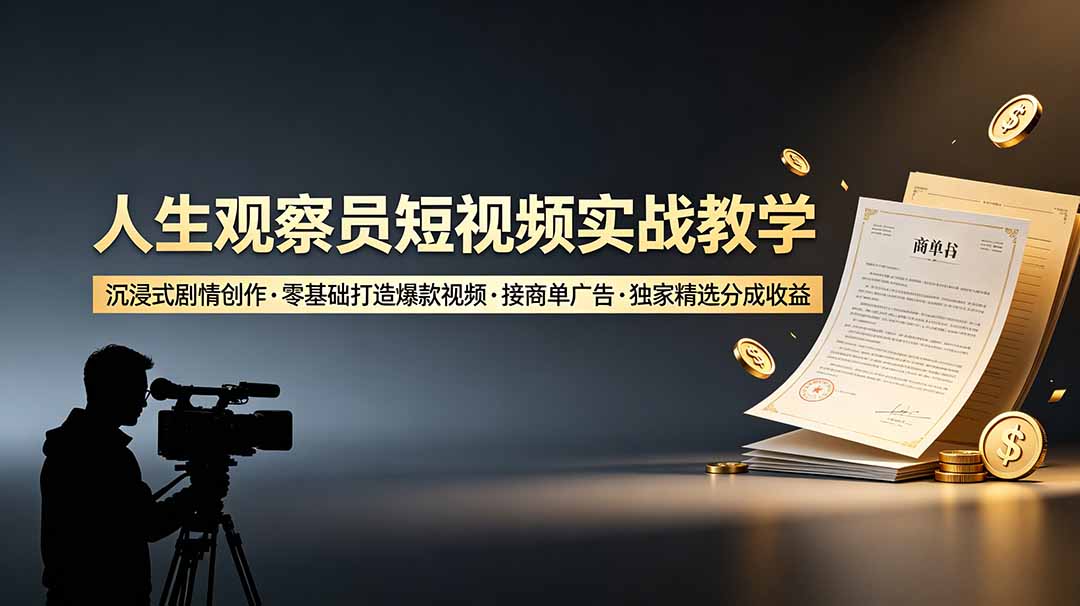 人生观察员短视频实战教学，沉浸式剧情创作，零基础打造爆款视频，接商单广告，独家精选分成收益-桀创项目掘金社