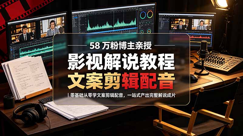58 万粉博主荧幕春秋亲授影视解说教程|零基础从零学文案剪辑配音,一站式产出完整解说成片-桀创项目掘金社