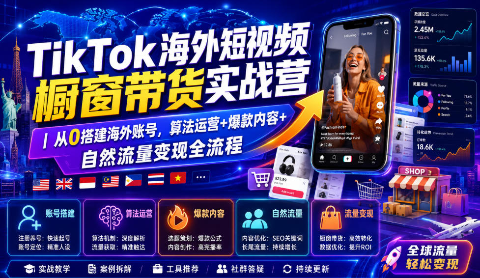 TikTok海外短视频橱窗带货实战营｜从0搭建海外账号，算法运营+爆款内容+自然流量变现全流程-桀创项目掘金社