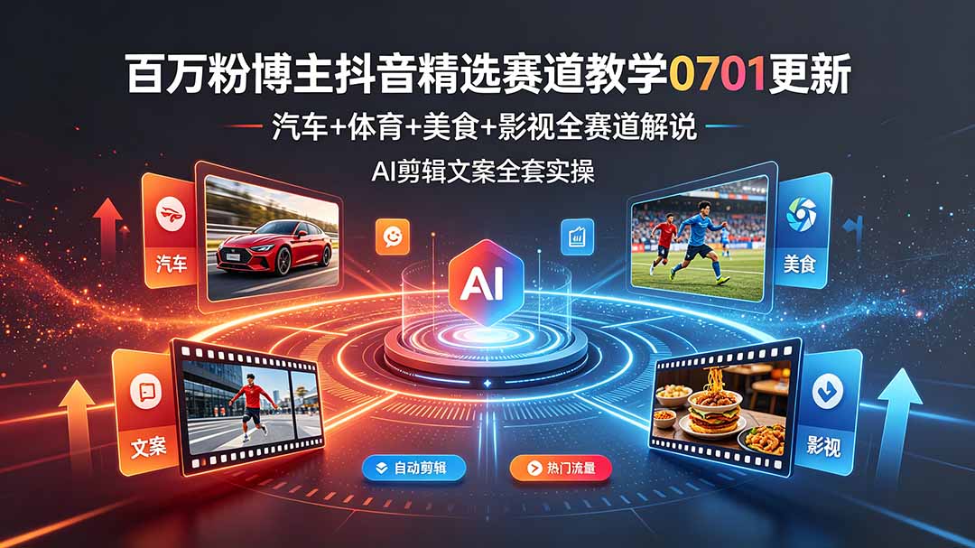 百万粉博主抖音精选赛道教学-0701更新,汽车+体育+美食+影视全赛道解说,AI剪辑文案全套实操-桀创项目掘金社