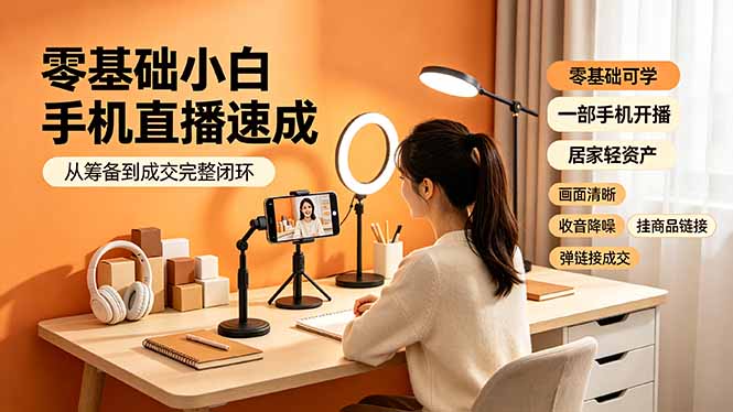 零基础小白手机直播速成，从筹备到成交完整闭环，适配苹果安卓系统，解决杂音卡顿留人难问题-桀创项目掘金社