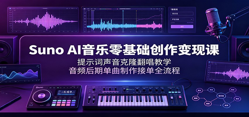 Suno AI音乐零基础创作变现课：提示词声音克隆翻唱教学，音频后期单曲制作接单全流程-桀创项目掘金社
