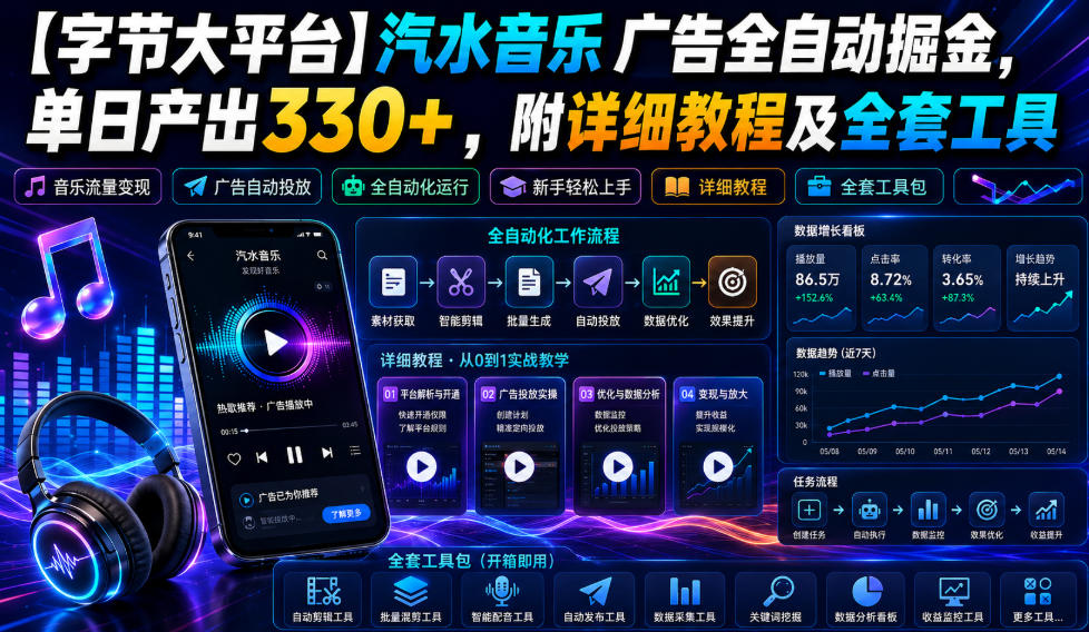 【字节大平台】汽水音乐广告全自动掘金，单日产出330+，附详细教程及全套工具【揭秘】-桀创项目掘金社