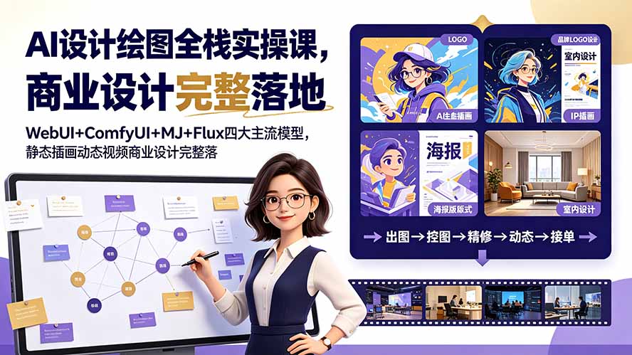 AI设计绘图全栈实操课,WebUI+ComfyUI+MJ+Flux四大主流模型,静态插画动态视频商业设计完整落地教程-桀创项目掘金社